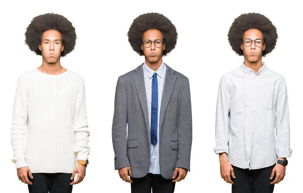 Collage Giovane Uomo Con Capelli Afro Sfondo Bianco Isolato Sbuffare — Foto Stock