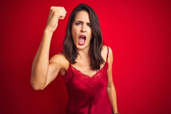 Junge Schöne Frau Trägt Sexy Dessous Über Rotem Isoliertem Hintergrund — Stockfoto