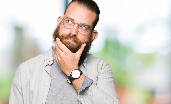 Young Blond Man Wearing Glasses Thinking Looking Tired Bored Depression — Stock Photo, Image