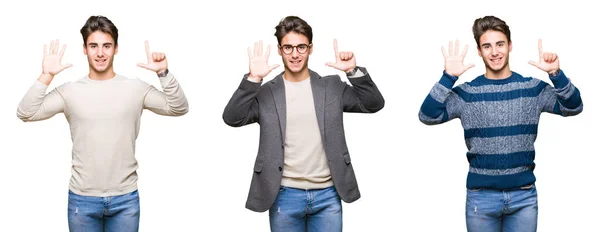 Collage Van Jonge Knappe Zakenman Geïsoleerde Achtergrond Weergeven Met Vingers — Stockfoto