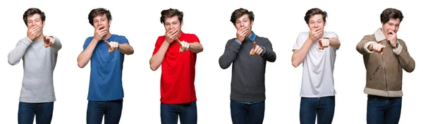 Collage Young Man White Isolated Background Laughing You Pointing Camera — Stock Photo, Image