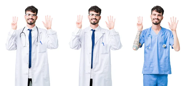 Koláž Doktorky Lékařském Kabátě Izolovaném Pozadí Ukazující Ukazující Prsty Číslo — Stock fotografie