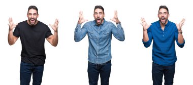 Yakışıklı adam deli kutluyor ve silah ile başarı için heyecanlı çığlık kaldırdı ve açık gözleri hayret beyaz izole arka plan kolaj. Kazanan kavramı