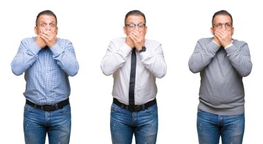 Arap orta yaş adam izole arka plan ağız hata için elleriyle kapsayan şok bileşimi. Gizli kavramı.