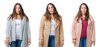 Dudaklar, çılgın ve komik jest ile balık yüz yapma izole arka plan üzerinde kış ceket giyen güzel artı boyutu kadın kolaj. Komik ifade.