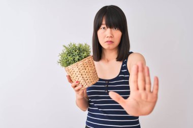 Genç güzel Çinli kadın ciddi ve kendinden emin ifade, savunma jesti ile dur işareti yapıyor açık el ile izole beyaz arka plan üzerinde duran bitki pot tutan