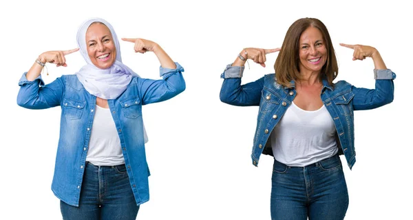 Collage Einer Schönen Arabischen Frau Mittleren Alters Über Isoliertem Hintergrund — Stockfoto