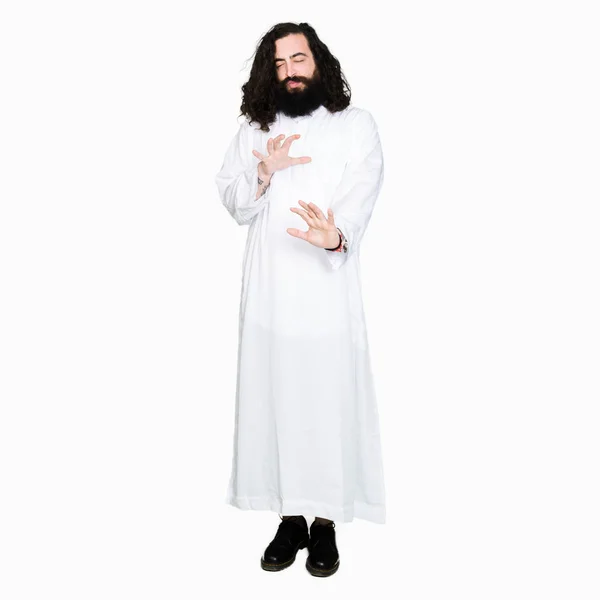 Hombre Con Traje Jesucristo Expresión Disgustada Disgustado Temeroso Haciendo Rostro — Foto de Stock