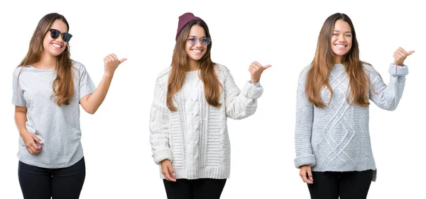 Collage Einer Schönen Jungen Frau Vor Isoliertem Hintergrund Die Mit — Stockfoto