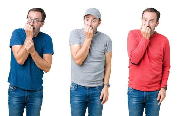 Collage Bell Uomo Anziano Sfondo Bianco Isolato Cercando Stressato Nervoso — Foto Stock