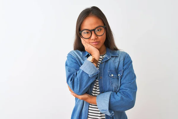 Young Chinese Woman Wearing Denim Shirt Glasses Isolated White Background — Stock Photo, Image