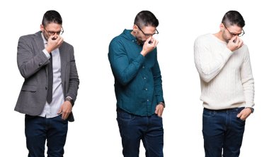 Beyaz izole arka planda yakışıklı iş adamı kolaj burun ve gözler yorgunluk ve baş ağrısı hissi yorgun. Stres ve hayal kırıklığı kavramı.