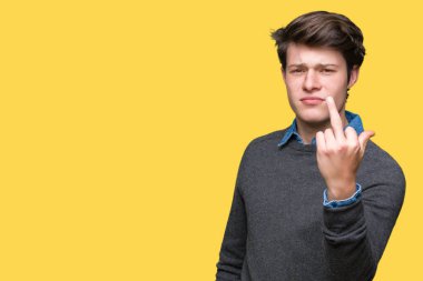 İzole arka plan gösteren orta parmak, ifade kaba ve kaba Siktir genç yakışıklı zarif adam