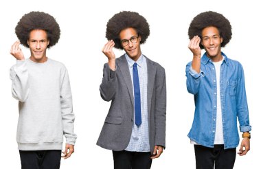 Beyaz izole arka plan üzerinde afro saçlı genç adamın kolaj el ve parmakemin ifade ile İtalyan jest yapıyor