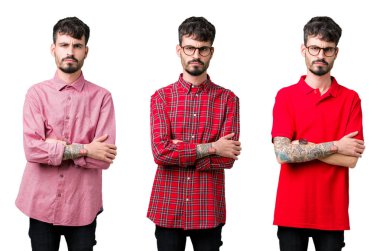 Izole arka plan şüpheci ve sinir üzerinde gözlük takan genç adamın kolaj, çapraz kolları ile yüzünde onaylamayan ifade. Negatif kişi.