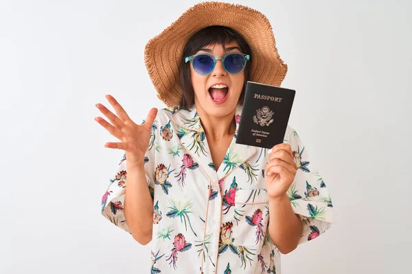 Tourist Woman Vacation Holding Usa United States Passport Isolated White — Stock Photo, Image