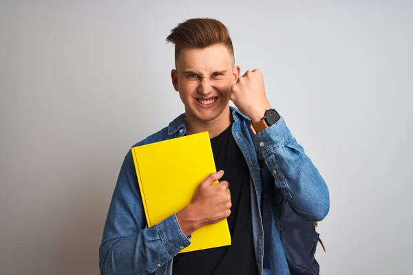 Ung Student Man Bär Denim Skjorta Ryggsäck Anteckningsbok Över Isolerade — Stockfoto