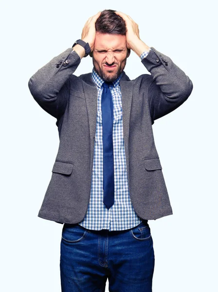 Handsome Business Man Wearing Suit Tie Suffering Headache Desperate Stressed — Stock Photo, Image