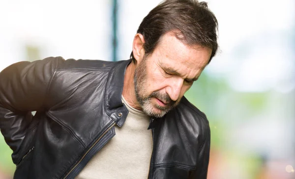 Middle Age Handsome Man Wearing Black Leather Jacket Suffering Backache — Stock Photo, Image