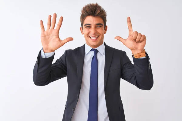 Junger Gutaussehender Geschäftsmann Anzug Steht Vor Isoliertem Weißen Hintergrund Und — Stockfoto