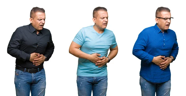 阿拉伯中年男子的组成在孤立的背景与手在胃由于消化不良 痛苦的疾病感觉不适 Ache — 图库照片