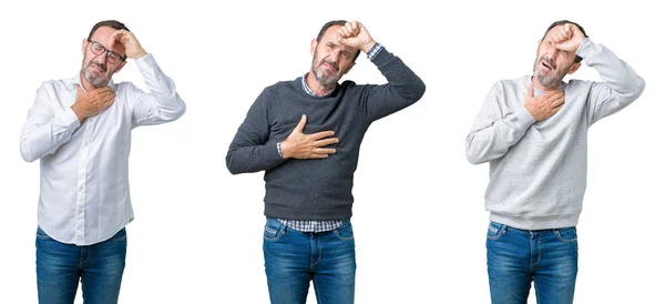 Collage Hombre Mayor Guapo Sobre Fondo Blanco Aislado Tocando Frente —  Fotos de Stock