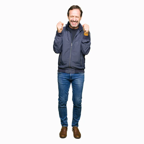 Middle Age Handsome Man Wearing Jacket Excited Success Arms Raised — Stock Photo, Image