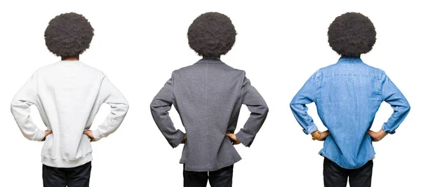 Collage Young Man Afro Hair White Isolated Background Standing Backwards — Stock Photo, Image