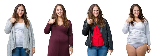 Collage Hermosa Mujer Más Tamaño Sobre Fondo Aislado Haciendo Pulgares — Foto de Stock