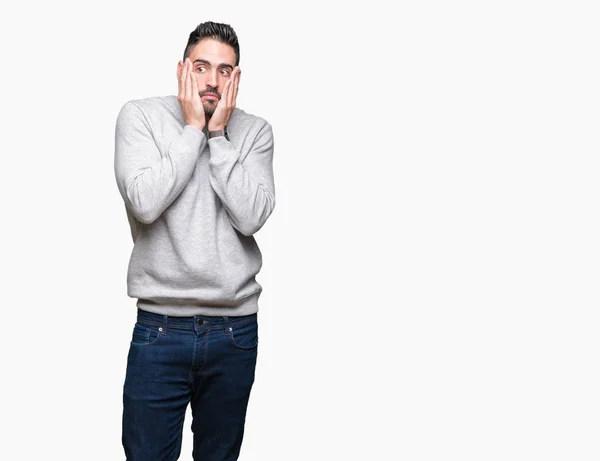 Jonge Knappe Man Dragen Sweatshirt Geïsoleerde Achtergrond Moe Handen Die — Stockfoto