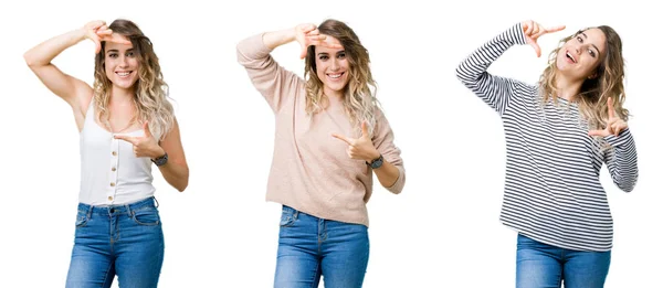 Collage Joven Hermosa Rubia Sobre Fondo Aislado Sonriendo Haciendo Marco — Foto de Stock