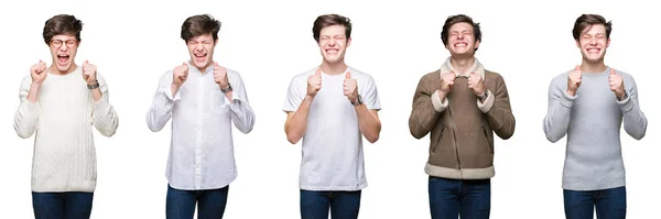 Collage Eines Jungen Mannes Vor Weißem Isoliertem Hintergrund Der Mit — Stockfoto