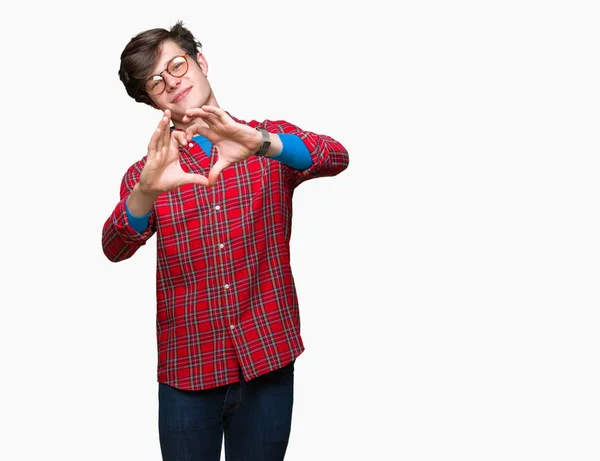 Joven Hombre Guapo Con Gafas Sobre Fondo Aislado Sonriendo Amor —  Fotos de Stock