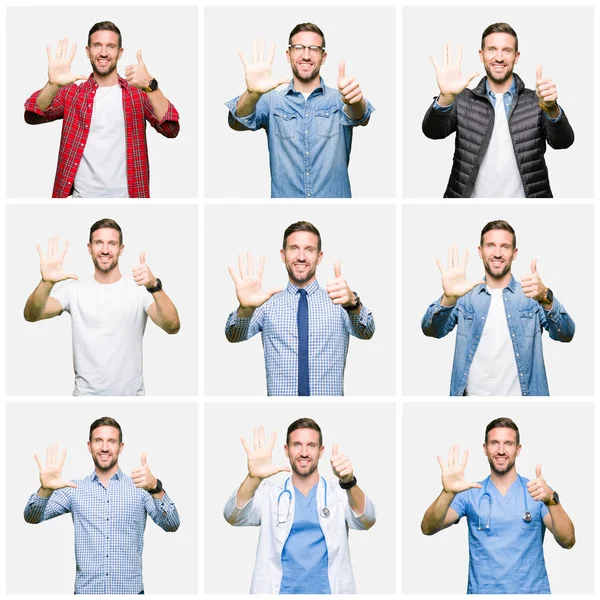 Collage Eines Attraktiven Jungen Mannes Vor Weißem Hintergrund Der Mit — Stockfoto