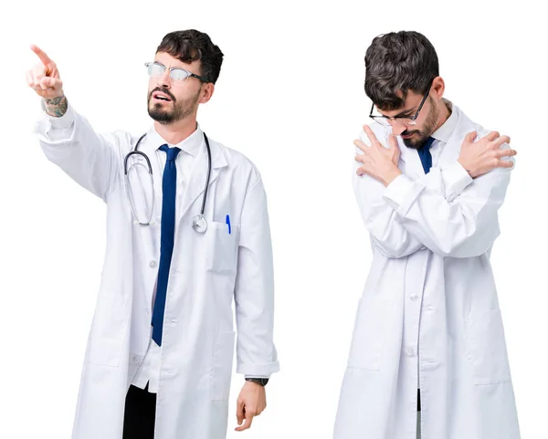 Collage Young Doctor Man Wearing Medical Coat Pointing Finger Surprised — Stock Photo, Image