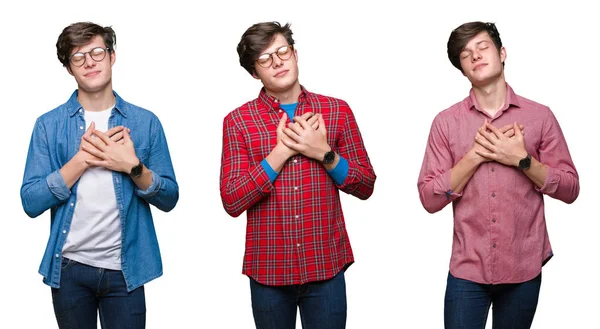 Collage Joven Sobre Fondo Blanco Aislado Sonriendo Con Las Manos —  Fotos de Stock