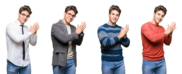 Collage Van Jonge Knappe Business Man Geïsoleerde Achtergrond Klappen Applauperen — Stockfoto