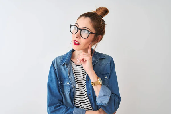 Redhead Woman Wearing Striped Shirt Denim Shirt Glasses Isolated White — Stock Photo, Image