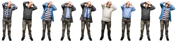 Collage Handsome Senior Man White Isolated Background Suffering Headache Desperate — Stock Photo, Image