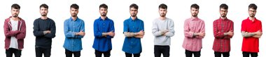 Kolaj izole arka plan şüpheci ve sinir, onaylamayan ifade yüz çapraz kolları olan genç adam. Negatif kişi.