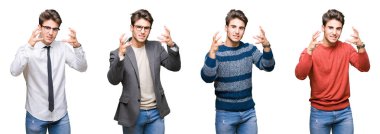 Izole arka plan üzerinde genç yakışıklı iş adamı kolaj öfke ile sinirli bağırarak, elleri boğmaya çalışıyor, deli bağırıyor