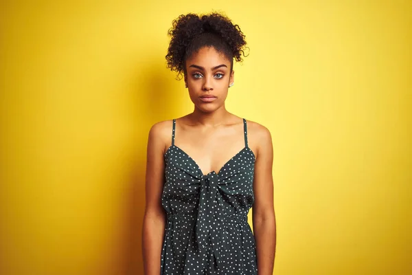 African American Woman Wearing Summer Casual Green Dress Isolated Yellow — Stock Photo, Image