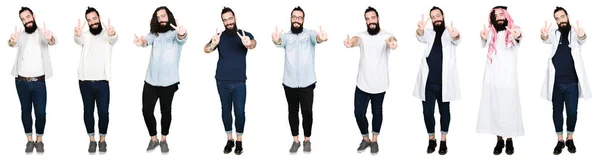 Collage Young Man Beard Long Hair White Isolated Background Smiling — Stock Photo, Image