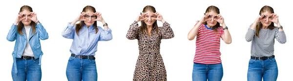 Коллаж Красивой Женщины Среднего Возраста Изолированном Фоне Пытается Открыть Глаза — стоковое фото