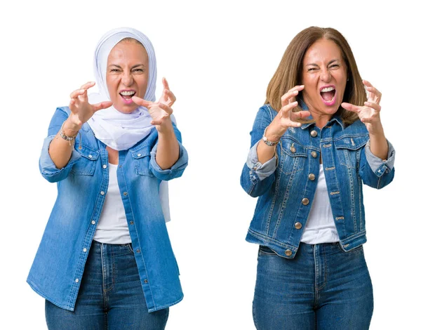 Collage Hermosa Mujer Árabe Mediana Edad Sobre Fondo Aislado Gritando —  Fotos de Stock