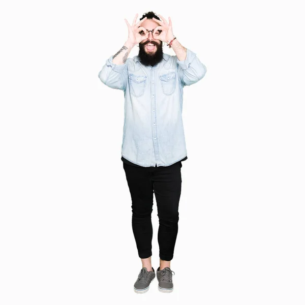 Young Hipster Man Long Hair Beard Wearing Glasses Doing Gesture — Stock Photo, Image