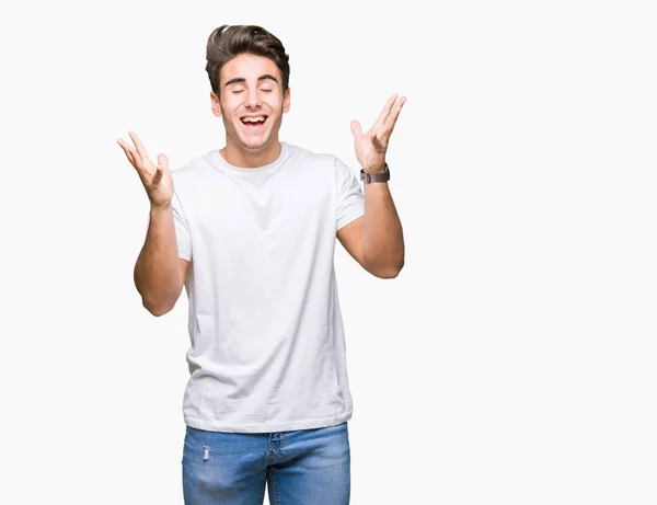 Homem Bonito Jovem Vestindo Shirt Branca Sobre Fundo Isolado Celebrando — Fotografia de Stock