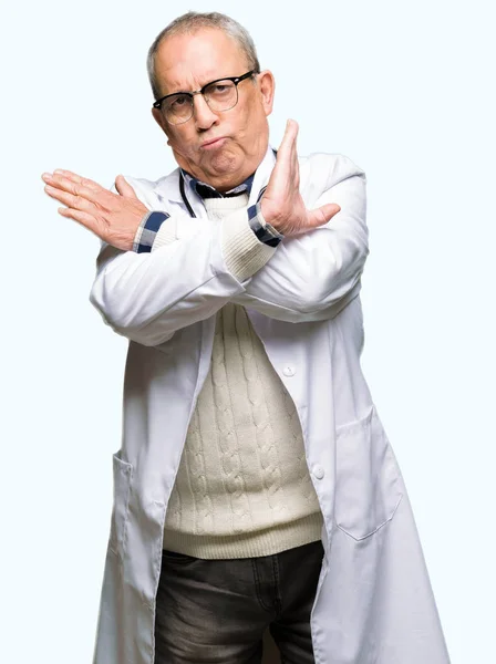 Handsome Senior Doctor Man Wearing Medical Coat Rejection Expression Crossing — Stock Photo, Image
