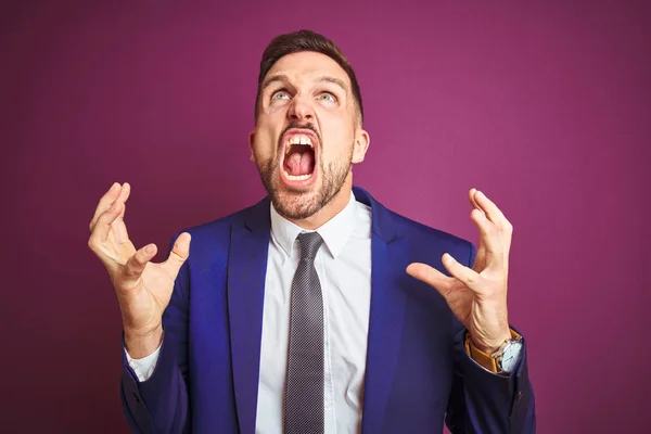Young Handsome Business Man Purple Isolated Background Crazy Mad Shouting — Stock Photo, Image
