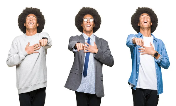 Колаж Молодого Чоловіка Афро Волоссям Над Білим Ізольованим Тлом Сміється — стокове фото